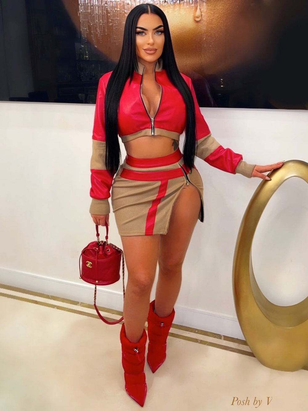 Colorblock Red and Tan Mini Skirt with Side Zip Detail